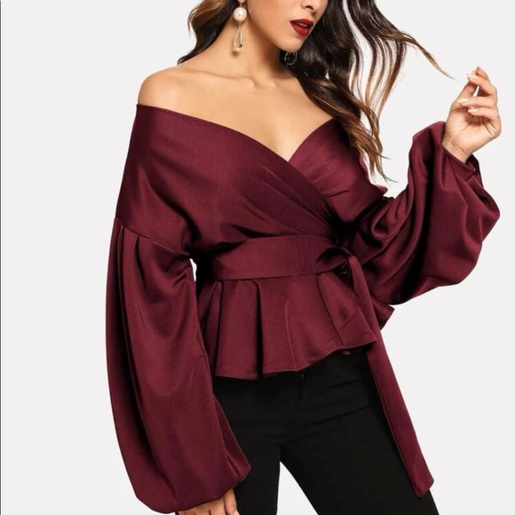 Luxe Off Shoulder Peplum Self Tie Wrap Top Blouse Shirt - Picture 8 of 12